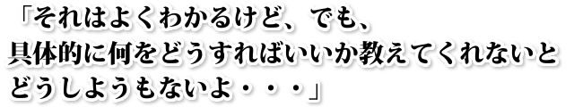 「それはよくわかるけど、でも、具体的に何をどうすればいいか教えてくれないとどうしようもないよ・・・」